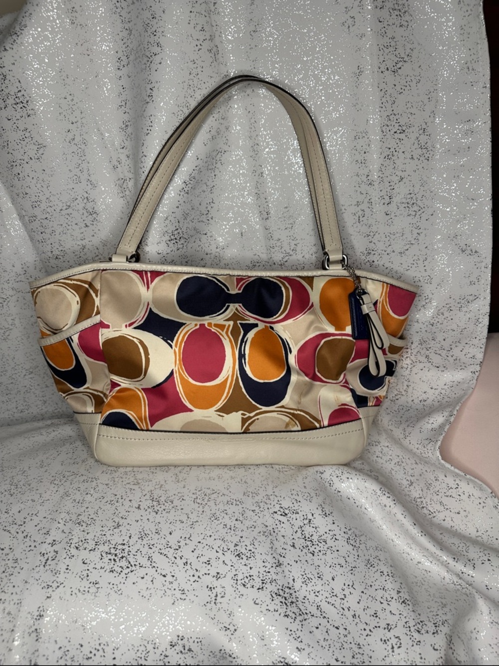Coach Cream Multicolor Patterned Shoulder Bag with Navy, Pink & Tan Accents